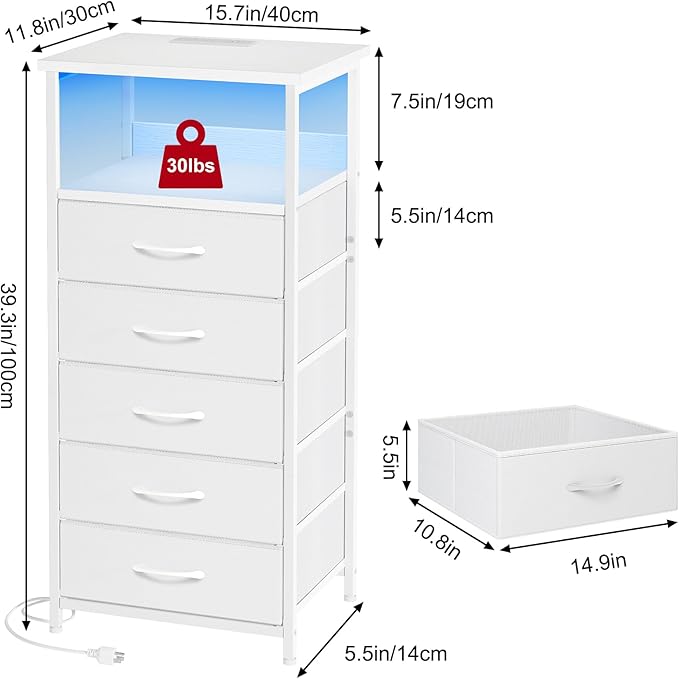 Fixwal Tall Nightstand with Charging Station and LED Lights, Night Stand with PU Finish Fabric Storage Drawers, 5 Drawer Dresser, White