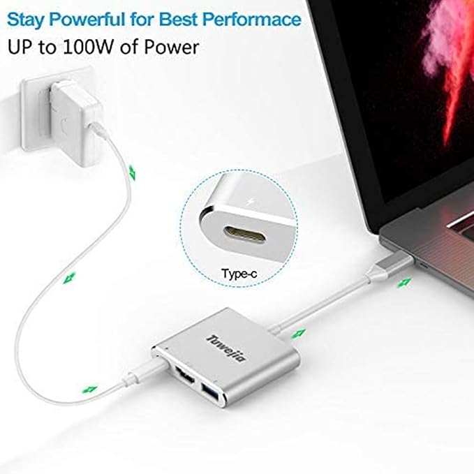 Tuwejia USB C to HDMI Multiport Adapter USB 3.1 Gen 1 Thumderbolt 3 to HDMI 4K Video Converter /USB 3.0 hub Port PD Quick Charging Port with Large Projection