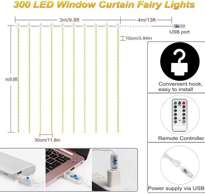 Curtain Lights, String Lights Bedroom, 300 LED 9.8x9.8Ft Twinkle String Light Decorations for Window Wedding Bedroom Wall Party Backdrop, Cute Home Indoor Outdoor Decor String Light Remote Control