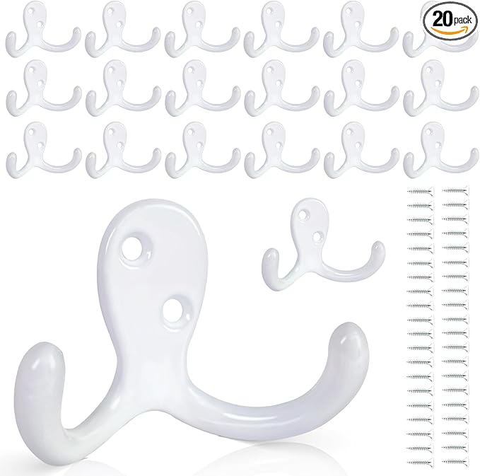 20 Pack Coat Hooks Wall Hooks for Hanging, Heavy Duty Double Prong Metal Hook Wall Mounted for Living Room, Bathroom, Kitchen, Bedroom for Coat, Bag, Scarf, Towel, Hat, Key, Cup (White)