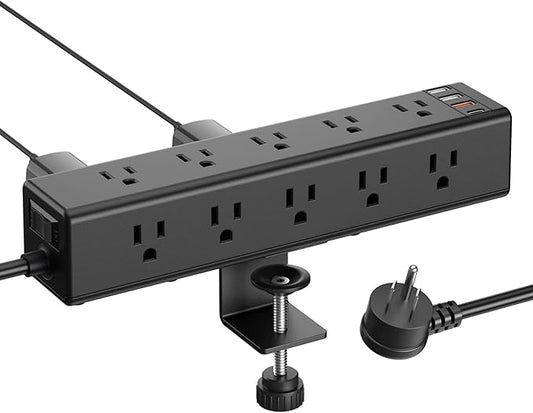 CCCEI Standing Desk Clamp Power Strip with 15 Outlets, Black Desktop Edge Mount Surge Protector Outlet, Fast Charging USB-A and 45W USB-C Ports, 6 FT Flat Plug, Black Fit 1.6 inch Table top.