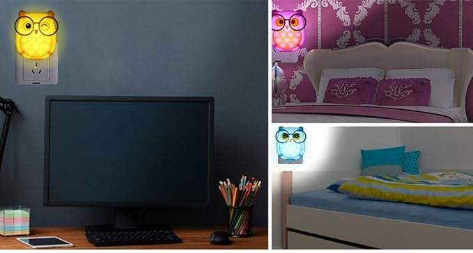2 PCS Owl LED Plug in Night Light for Kids- Wall Lamp Take Good Care Children Sleep Light Sensor Auto Controlled Nightlights for Baby Nursing (Blue+Pink)