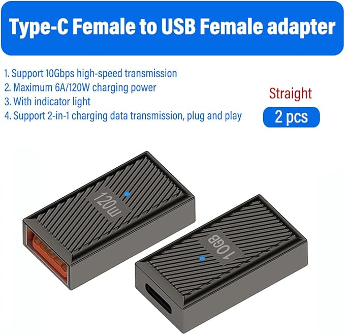 2 Pack USB-C to USB-A OTG Adapter,10Gbps 120W Fast Charging with LED, Compatible with Laptop,Smartphone,Charger (Straight USB-C Female to USB-A Female with LED Indicator)