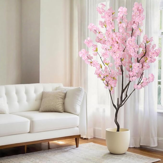 7.2ft Artificial Cherry Blossom Tree for Indoor Decor,Nearly Nature Pink Silk Flowers Fake Tree Tall,Realistic Faux Cherry Plant Wishing Tree Outdoor Front Door Handmade for Office Living Room Decor