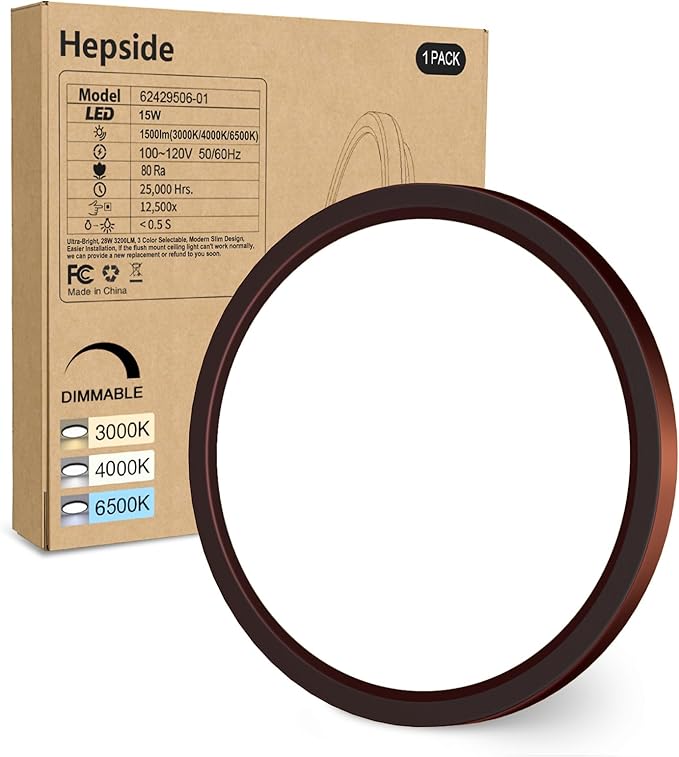 hepside 1Pack Dimmable Flush Mount Ceiling Light Fixture Oil Rubbed Bronze, 3CCT Selectable 3000/4000/6500K Ceiling Lamp, 7.5INCH 15W 1500LM Low Profile Light for Bedroom, Kitchen, Bathroom, Hallway
