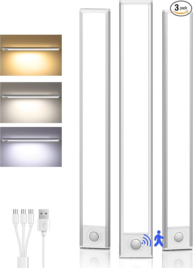 Under Cabinet Lighting Wireless,Rechargeable Battery Motion Sensor Light Indoor,LED Closet Lights USB Charging,3 Color Dimmable Under Cabinet Lights for Kitchen, Cabinet, Wardrobe (3 Pcs)12in