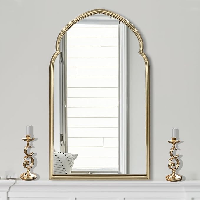 ironsmithn Arched Wall Mirror, Gold Bathroom Mirror, Wall Mounted Decorative Mirror, 38" x 22" Modern Art Oblong Mirror for Master Bath Half Bath Living Room Bedroom Fireplace Entryway