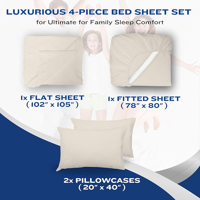 DREAMCARE California King Sheet Sets – 4 pcs Cooling Sheets – up to 21” Deep Cal King Sheets – Hotel Luxury Sheets & Pillowcases – Superior Softness 100% Fine Microfiber with Side Pocket – Ivory