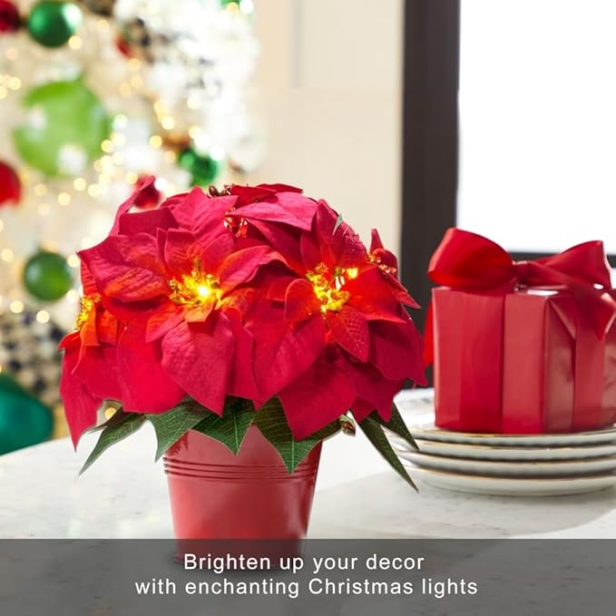 2 Pack Lighted Artificial Poinsettias for Outdoors LED Poinsettia Flowers Artificial Faux Poinsettia Plants Poinsettia Christmas Decorations for Holiday Home Kitchen Decor(10 inch)
