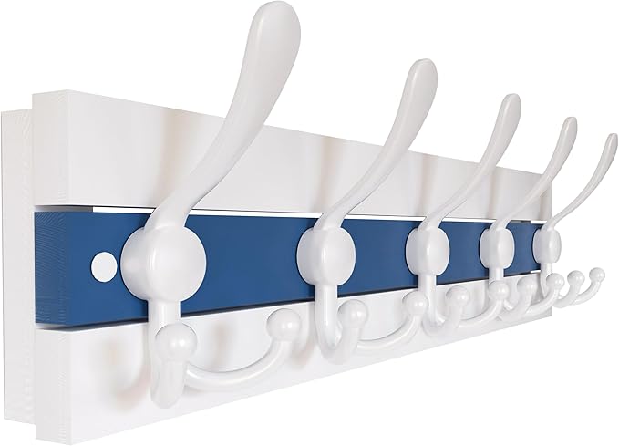 SKOLOO Coastal Wall Mounted Coat Rack - 17" Beach House Entryway Wooden Coat Hook with 5 Hooks for Hanging Coats, Hats or Towels, Oceanfront Cottage Core Collection, White & Blue