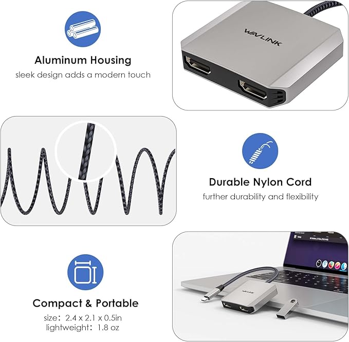 USB C to Dual HDMI Adapter, WAVLINK Dual Monitor Adapter with Dual HDMI, 87W PD for Dell XPS/HP/Lenovo/Surface/Type C Laptop/Windows System Only