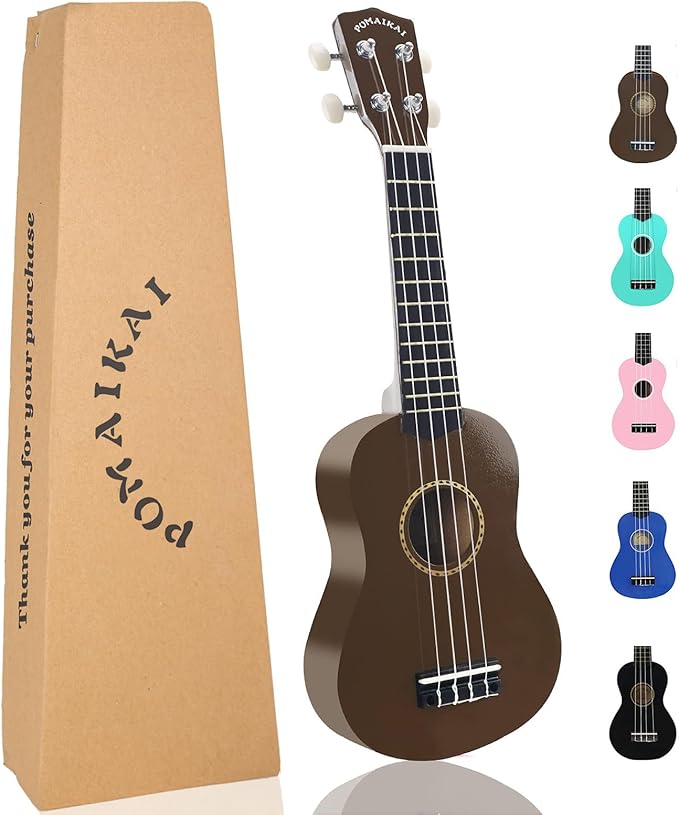 POMAIKAI Ukulele 21" Beginner Starter Wood Ukele Hawaiian Guitar Soprano Ukelele Musical Instruments and Students (Bright Brown)