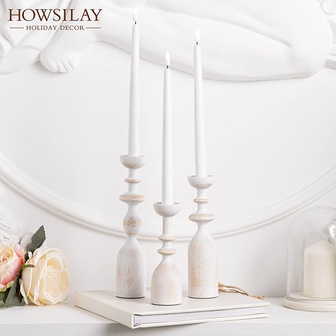 HOWSILAY Wood Candle Holder Candlestick Holders for Table Centerpiece - Rustic Farmhouse Decor Candle Stand fits 3/4" or 7/8" Taper Candle&Dia 1.5" Led Tea Lights or Pillar Candles(White)