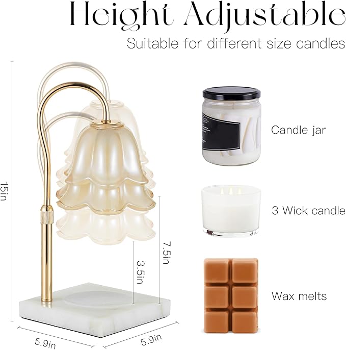Candle Warmer Lamp with Timer: Flower Candle Warming Lamp with Marble Base Height Adjustable Wax Warmer Dimmable Modern Kitchen Bathroom Decor Mom Birthday Gift for Grandma