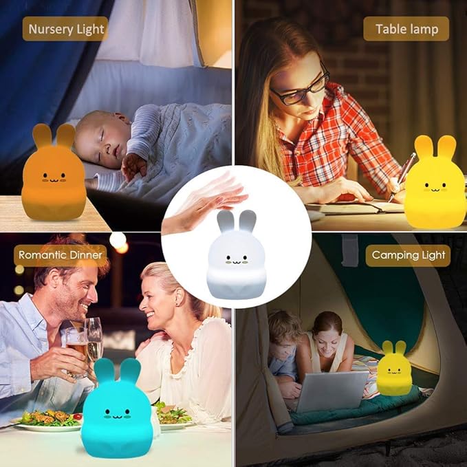 Rabbit Night Light for Kids, Rechargeable LED Children Lamp, Soft Silicone (BPA Free) for Baby/Boys/Girls/Adult, Remote & Touch Control Adjustable Brightness and Colors, Indoors/Outdoors