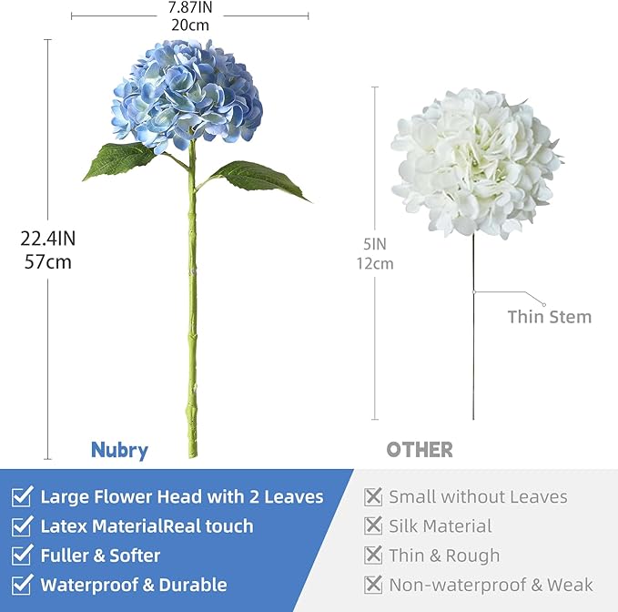 Nubry 22.44In Blue Hydrangea Artificial Flowers, 3Pcs Latex Faux Real Touch Large Hydrangea Flowers with Long Stems & Leaves for Home Office Decor Wedding Party Arrangements(Blue)