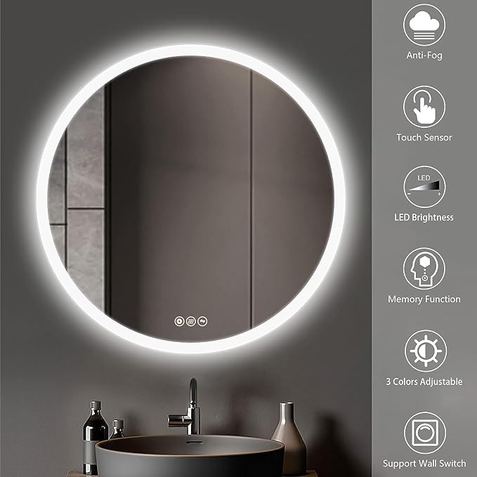 Wall-Mounted LED Round Bathroom Mirror, Makeup Mirror (24 inches x 24 inches,) 3 Color Stepless Dimmable Memory Bathroom Vanity Mirror with Lights CRI90+ 3000-6400K Smart Mirror with Touch