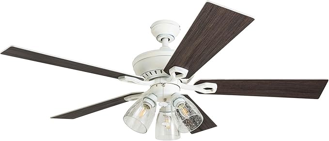 Prominence Home Glenmont, 52 Inch Farmhouse LED Ceiling Fan with Light, Pull Chain, Three Mounting Options, Dual Finish Blades, Reversible Motor - 50389-01 (Distressed White)