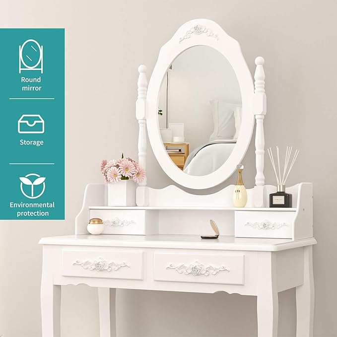 Vanity Table Set ,Makeup Table with Oval Mirror & Stool, Bedroom Wood Dressing Table with 4 Drawers White