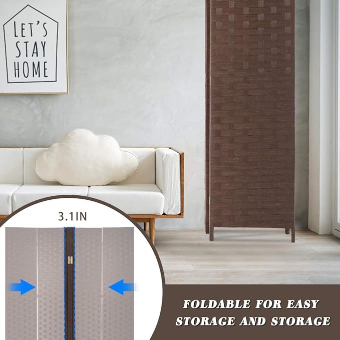 FDW Room Divider 4 Panel mesh Woven Design Room Divider Wooden Folding Portable partition Screen Wood for Home, Brown