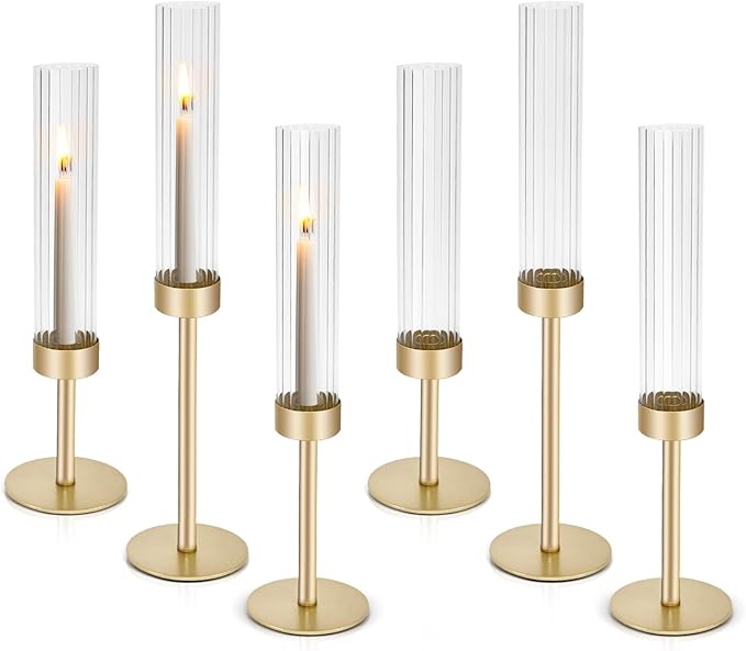Gold Hurricane Glass Candle Holders: Cadhodenm Tall Glass Candlestick Holder for Wedding Set of 6 Brass Taper Candle Holders Modern Candle Sticks Holder for Table Centerpiece Party Holiday Decor