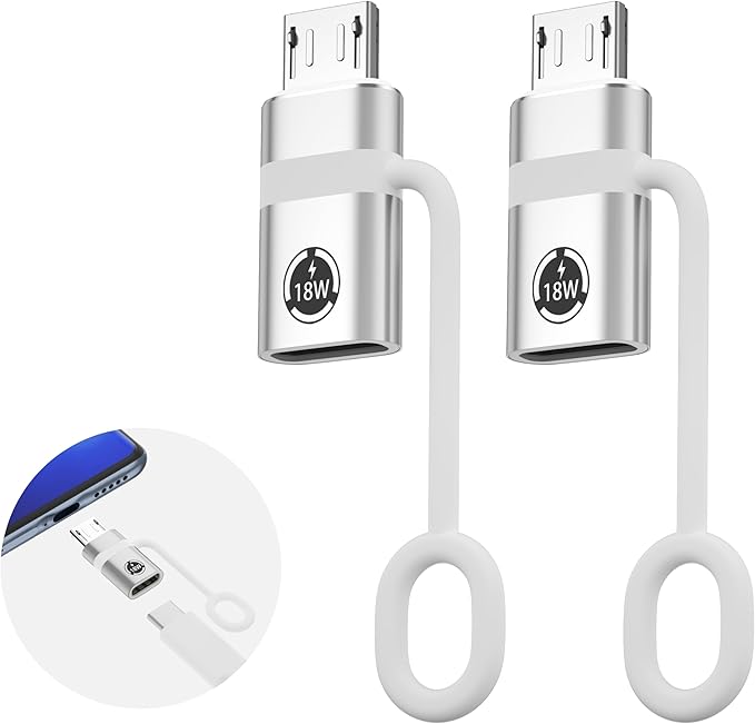 USB C to Micro USB Adapter, 2 Pieces, Supports 18W Fast Charging and Data Transfer, Suitable for USB C Socket to Micro Plug Adapter, not Suitable for Headphones, Silver.