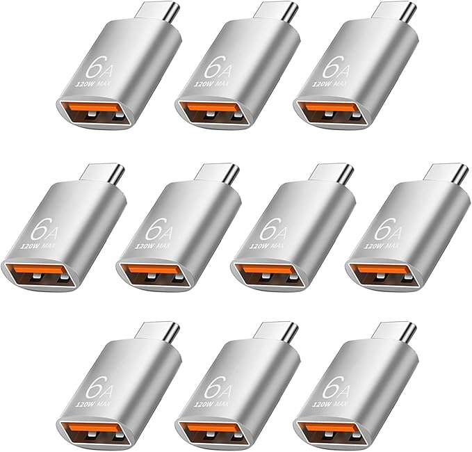 Pastall 10 Pack 10Gbps/120W USB C to USB3.1 Adapter, Silver Type C Male to USB Female Adapter for Smartphone, PC, Laptop, Tablet, Keyboard etc.