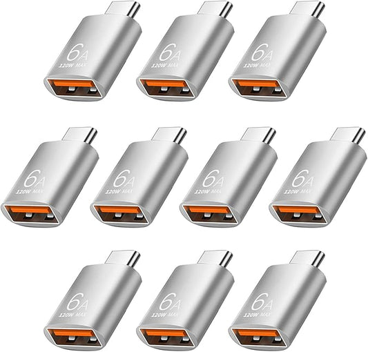 Pastall 10 Pack 10Gbps/120W USB C to USB3.1 Adapter, Silver Type C Male to USB Female Adapter for Smartphone, PC, Laptop, Tablet, Keyboard etc.