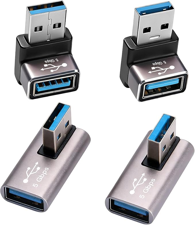 Right Angle USB Adapter 4-Pack OTG 90 Degree USB 3.0 Male to Female Connector (Left & Right, Up & Down), Support Charge and Data Sync (5GBps) for PC, Laptpo, Mouse, Keyboard and More