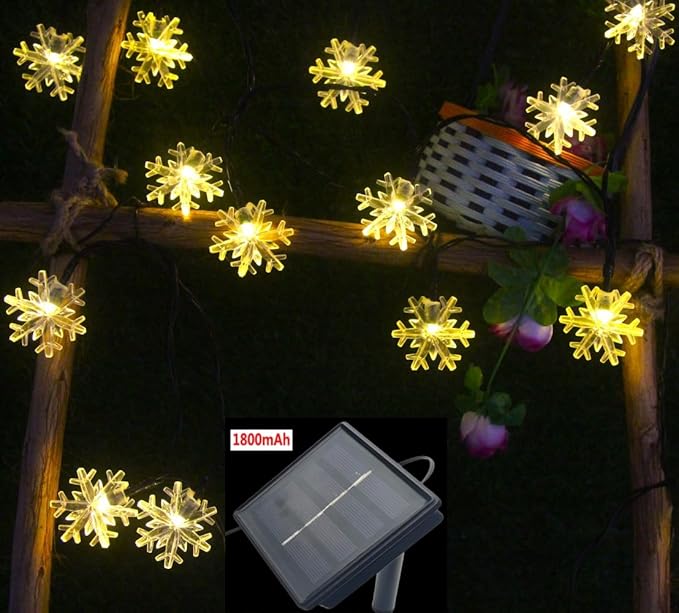 Solar Christmas Lights Outdoor Waterproof 30 LED 20 ft 8 Modes Solar Powered Snowflake String Lights for Garden Patio Yard Home Christmas Tree Parties(Warm White)