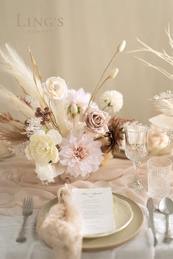 Ling's Moment Artificial Flowers Fake Silk Roses Faux Foam Dahlia Combo for DIY Wedding Bouquets Centerpieces Arrangements Bridal Shower Party Home Decorations, Morandi Peach & Cream, 24pcs