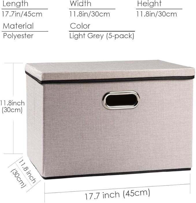 PRANDOM Large Foldable Storage Bins with Lids [5-Pack] linenFabric Decorative Storage Boxes Organizer Containers Baskets Cube(17.7x11.8x11.8) For 6+ Year Old Boys and Girls