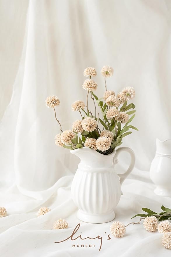 Ling's moment Pompon Mum Artificial Flower, 5pcs Faux Silk Mini Chrysanth with Stems, Bulk Fake Wedding Filler Flowers for DIY Bouquet Centerpieces Arrangements Shower Decorations, Beige
