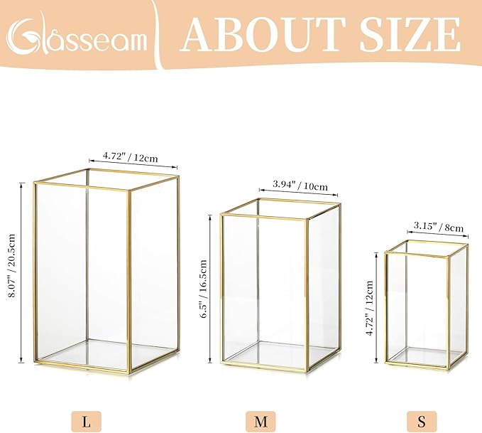 Glasseam Glass Hurricane Candle Holder: Set of 3 Gold Square Candle Holders for Pillar Candles Large for Table Centerpiece Wedding Christmas Decorative