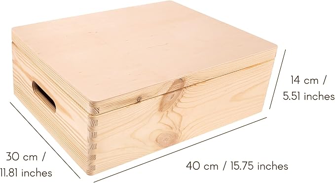 XL Wooden Storage Box with Hinged Lid | 15.8x11.8x5.5in (+-0.5) | Plain Unpainted Gift Box with Handles for Tool Toy Shoes Kitchen Clothes Jewelry | Rough & UNSANDED Wood
