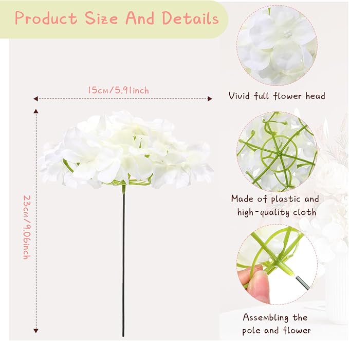 Zeyune 200 Pcs Hydrangea Artificial Flowers, Silk Flower Heads with Stems, Fake Hydrangea Bouquet for Wedding Arch Centerpiece DIY Floral Home Decoration (White)