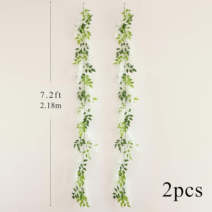 Wisteria Artificial Flowers Garland, 2Pcs Total 14.4ft Silk Faux Wisteria Vine Kit, Hanging Flower Plant for House Outdoor Garden Ceremony Outside Wedding Arch Floral Decor (2, White)