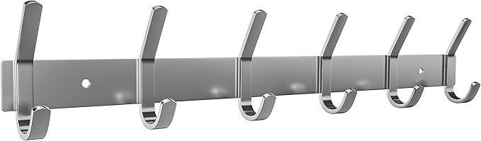 Coat Rack Wall Mount – Brushed Nickel 17 Inch Stainless Steel Hook Rail with 6 Heavy Duty Double Coat Hooks – Wall Mounted Coat Hanger for Entryway, Bathroom, Bedroom, Towel, Hat Organizer