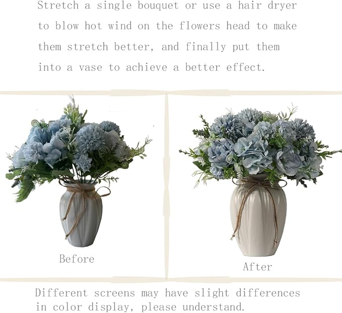 Peonies Artificial Flowers in Vase, Fake Hydrangea Silk Peony Flower Bouquet with Vase Faux Flowers Arrangement Decor Home Table Dining Room (Blue)