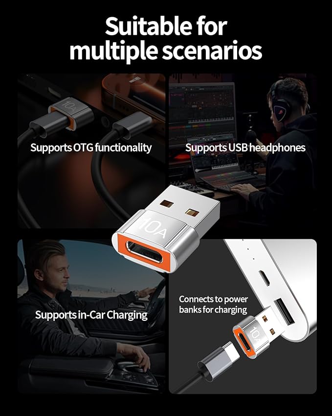 USB to USB C Adapter 10 Pack,10A 200W Fast Charging USB2.0 480Mbps Data Transfer,USB C Female to A Male Charger Converter for Ma-cBook Pad Phone 17/16/15 G-alaxy Smartphone Laptop Tablet Silver