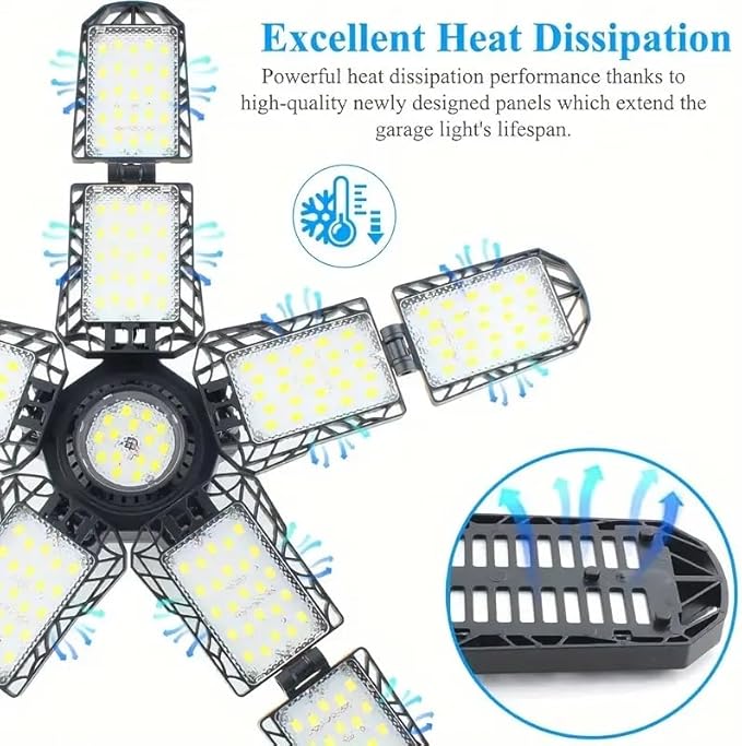2 Packs LED Garage Light, Super Bright Screw in E26/E27 Ceiling Shop Work Lamp, 260W 26000 Lumen Deformable Basement Bulb Fixture with 10+1 Adjustable Panels, Lighting for Workshop, Attic