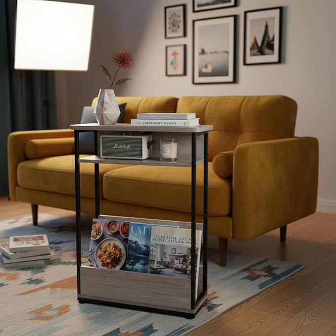Narrow Side Table,3-Tier Slim End Table with Storage Shelf,Modern Sofa Table Thin Side Table for Narrow and Small Spaces, Skinny Bedside Table Small Nightstand with Magazine Rack Space Saving/Oak