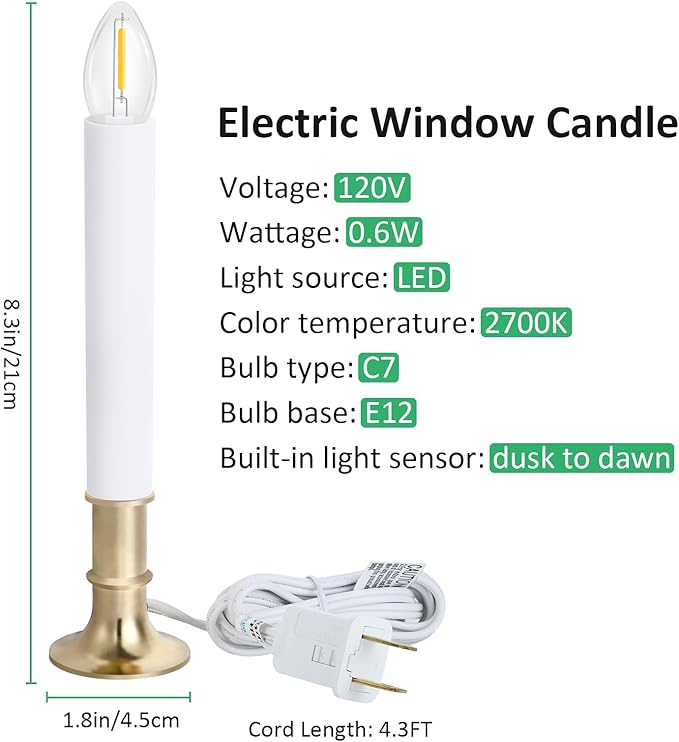 8-Pack Dusk to Dawn Electric Christmas Window Candle Lights with Shatterproof Plastic LED Bulbs, Plug-in Corded Window Candle Lamps, Auto On/Off Light Sensor, 8 Suction Cups Included, Warm White