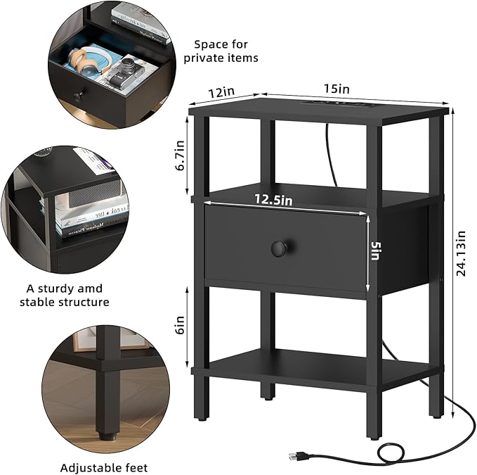 Lerliuo Nightstand Set of 2 with Charging Station and USB Ports, 3-Tier Storage End Table with Drawer Shelf, Night Stand for Small Spaces, Wood Bedside Table for Living Room, Bedroom - Classic Black