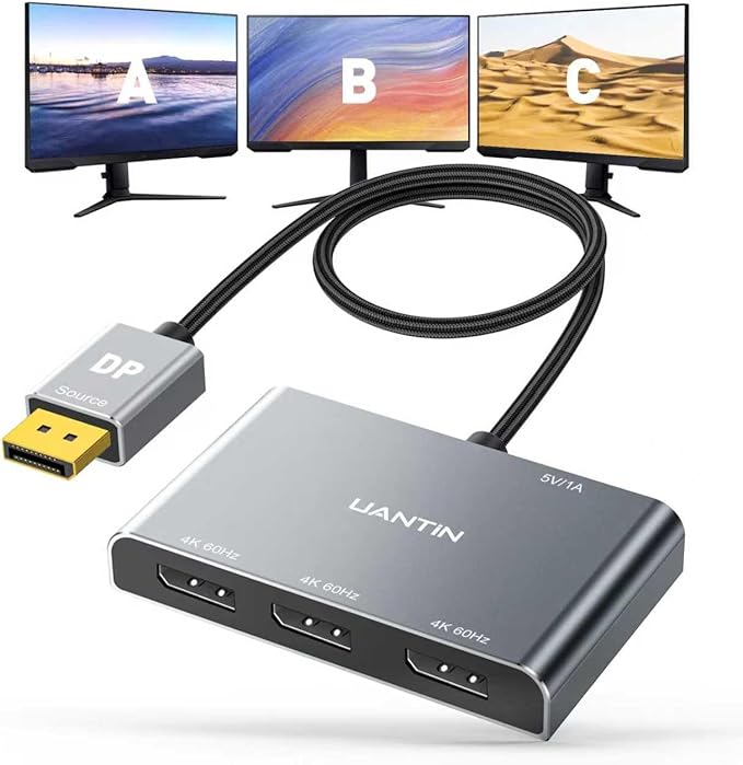 DisplayPort Splitter for 3 Monitors Extended Display | 4K 60Hz Display Port 1 in 3 Out, DP to Three DP MST Hub Adapter for PC, NVIDIA, AMD