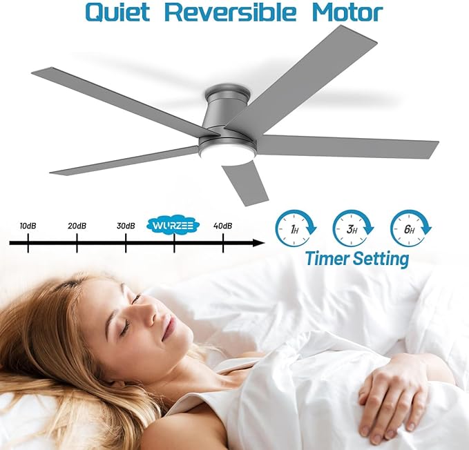 wurzee 60 Inch Flush Mount Ceiling Fan, Matte Silver Low Profile Fan Reversible DC Motors, Dimmable, Timer, Noiseless, Ceiling Fan for Indoor & Outdoor Bedrooms, Living Rooms