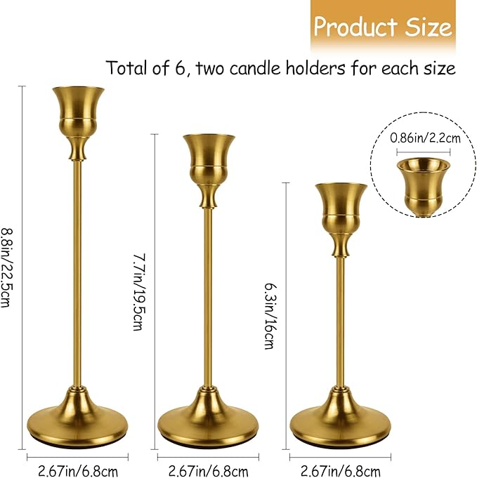 Brass Gold Candlestick Holders Set of 6, Metal Taper Candle Holders, Classic Decorative Candle Stick for Christmas, Wedding, Party, Dinner Tables,Home Décor