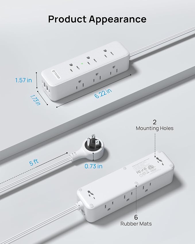 TROND 360° Rotating Flat Plug Power Strip with USB PD 20W, 5FT Flat Extension Cord Surge Protector 1300J with 9 Outlets 4 USB Ports, Wall Mountable, for Home Office Travel Dorm Room Essentials, White