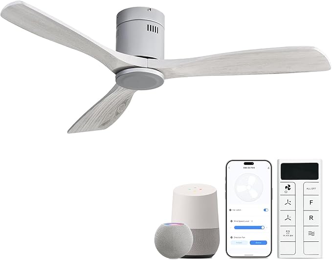 Sofucor 52 Inch Smart Ceiling Fan Without Lights Flush Mount Solid Wood Ceiling Fan with Alexa/Google Assistant/APP/Remote Control-Modern Outdoor Ceiling Fans No Light for Bedroom/Patio, Silver Grey