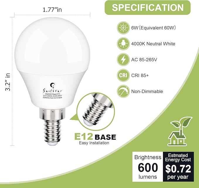 Sailstar Ceiling Fan Light Bulbs, E12 LED Bulb 60W Equivalent, Neutral White 4000K, 600 Lumens, A15 Small Candelabra Base LED Light Bulbs 6W, CRI 85, Non-dimmable, Pack of 6